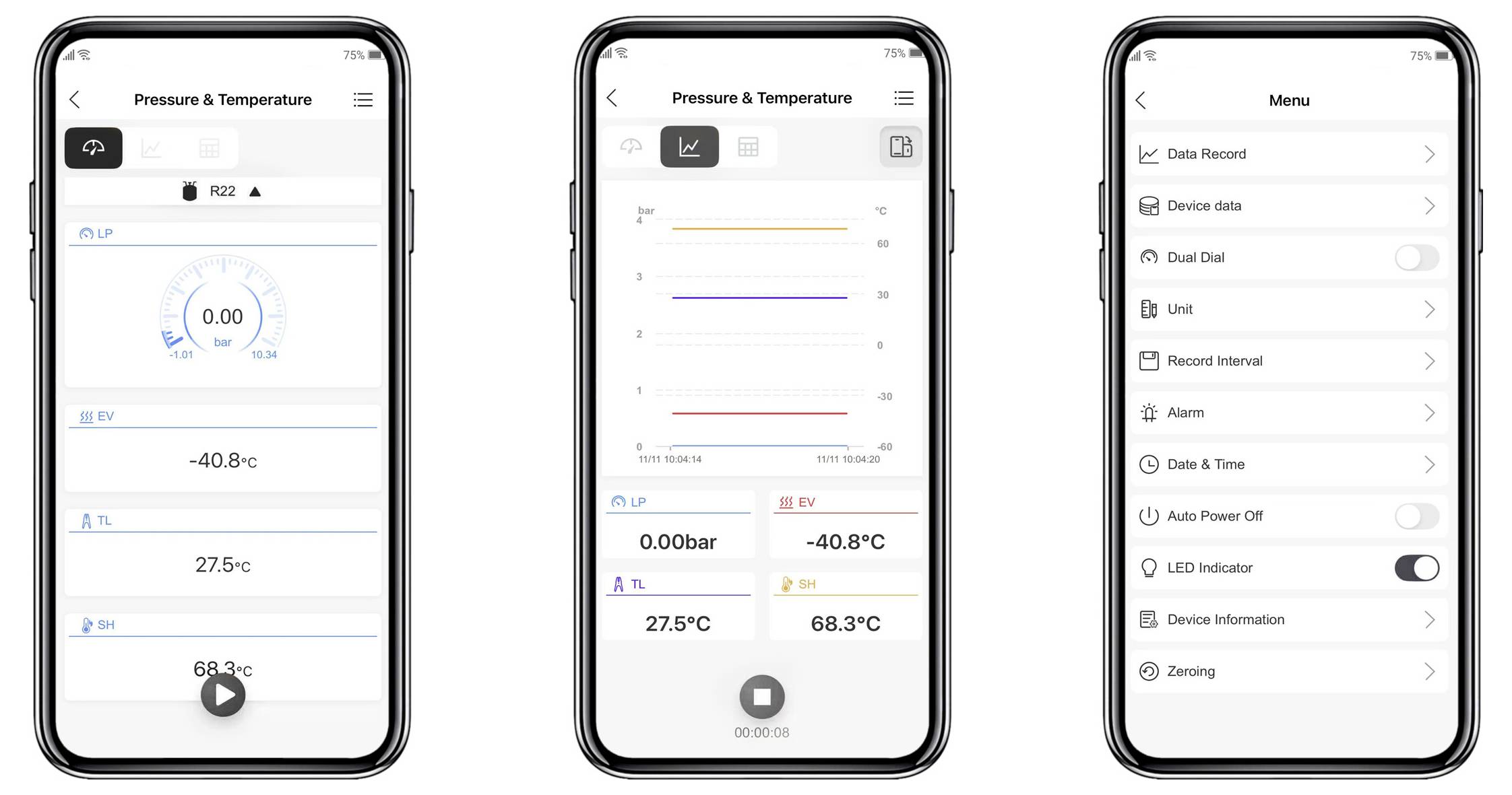 Drei Smartphone-Bildschirme zeigen eine Druck- und Temperaturüberwachungs-App-Oberfläche: Messgerät, Trendgrafiken und ein Einstellungsmenü.