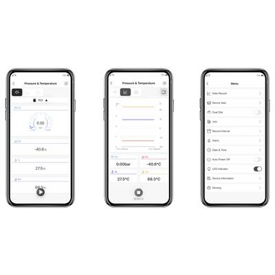 Drei Smartphone-Bildschirme zeigen eine Druck- und Temperaturüberwachungs-App-Oberfläche: Messgerät, Trendgrafiken und ein Einstellungsmenü.