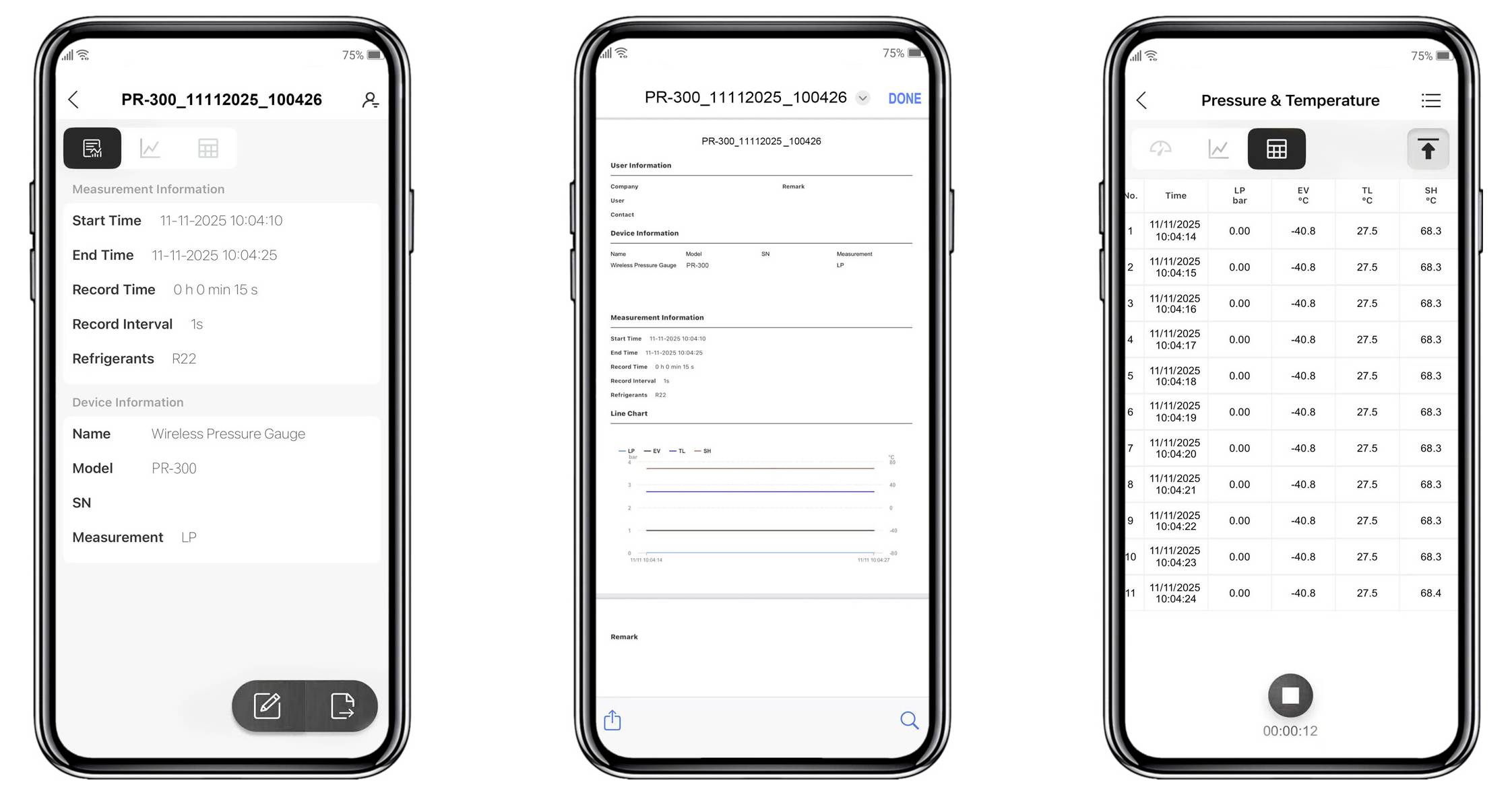 Drei Smartphone-Bildschirme, die eine Druck- und Temperaturüberwachungs-App zeigen. Die Bildschirme stellen Dateneingabe, Diagrammchart und eine Tabelle mit zeitgestempelten Messungen dar.