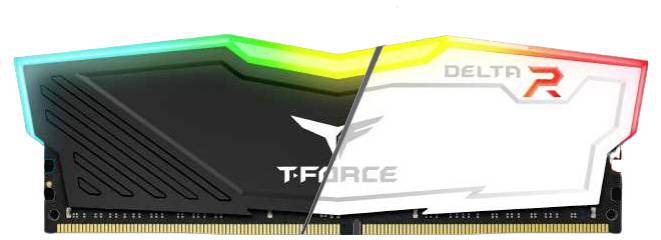 Ein geteiltes Bild eines T-Force Delta RGB RAM-Moduls, das links in Schwarz und rechts in Weiß gezeigt wird, mit bunten LED-Lichtern auf der Oberseite.