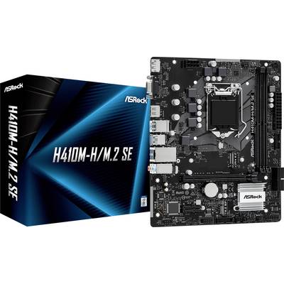 ASRock H410M-H/M.2 SE Mainboard neben seiner Verpackungsschachtel, mit mehreren Anschlüssen und Steckplätzen für einen Computeraufbau.