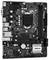 „Eine schwarze ASRock H410M-HVS R2.0 Mainboard mit beschrifteten Abschnitten für CPU, RAM-Steckplätze und verschiedenen Anschlussports, auf weißem Hintergrund platziert."
