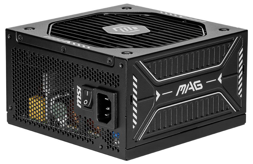 Schwarzes MAG Netzteil mit Lüftungsgitter und Netzschalter. Entwickelt für Desktop-Computer von MSI.