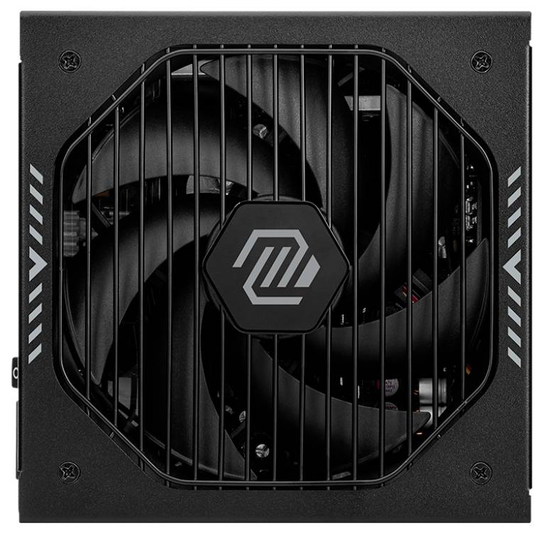 Eine schwarze Computer-Netzteileinheit mit einem zentralen Lüfter und einem Logo. Sie verfügt über eine belüftete Abdeckung und seitliche Gestaltung für Luftzirkulation.
