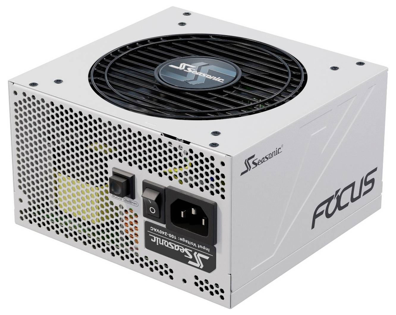 Ein weißes Seasonic Focus Netzteil mit Kühlventilator und verschiedenen Eingabeanschlüssen, geeignet für Computer-Hardware-Konfigurationen.