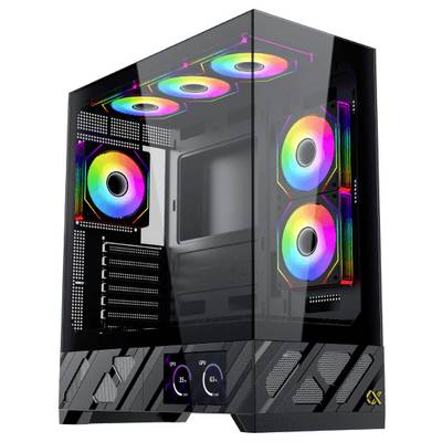 Ein schlanker Computertower mit Glasscheiben, der bunte LED-Kühlventilatoren im Inneren zeigt und dadurch ein lebendiges, modernes Erscheinungsbild erzeugt.