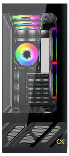 Ein schwarzes Computergehäuse mit RGB-beleuchteten Lüftern, einem Glasseiten-Panel und einem belüfteten Bodenbereich. Entwickelt, um interne Komponenten zu präsentieren.