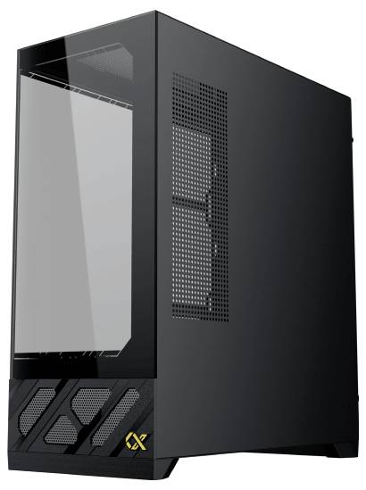 Ein schlanker, schwarzer Computertower mit einer Glasfront und seitlichen Lüftungsschlitzen für die Luftzirkulation. Ausgestattet mit einem minimalistischen Design und einem Logo am unteren Rand.