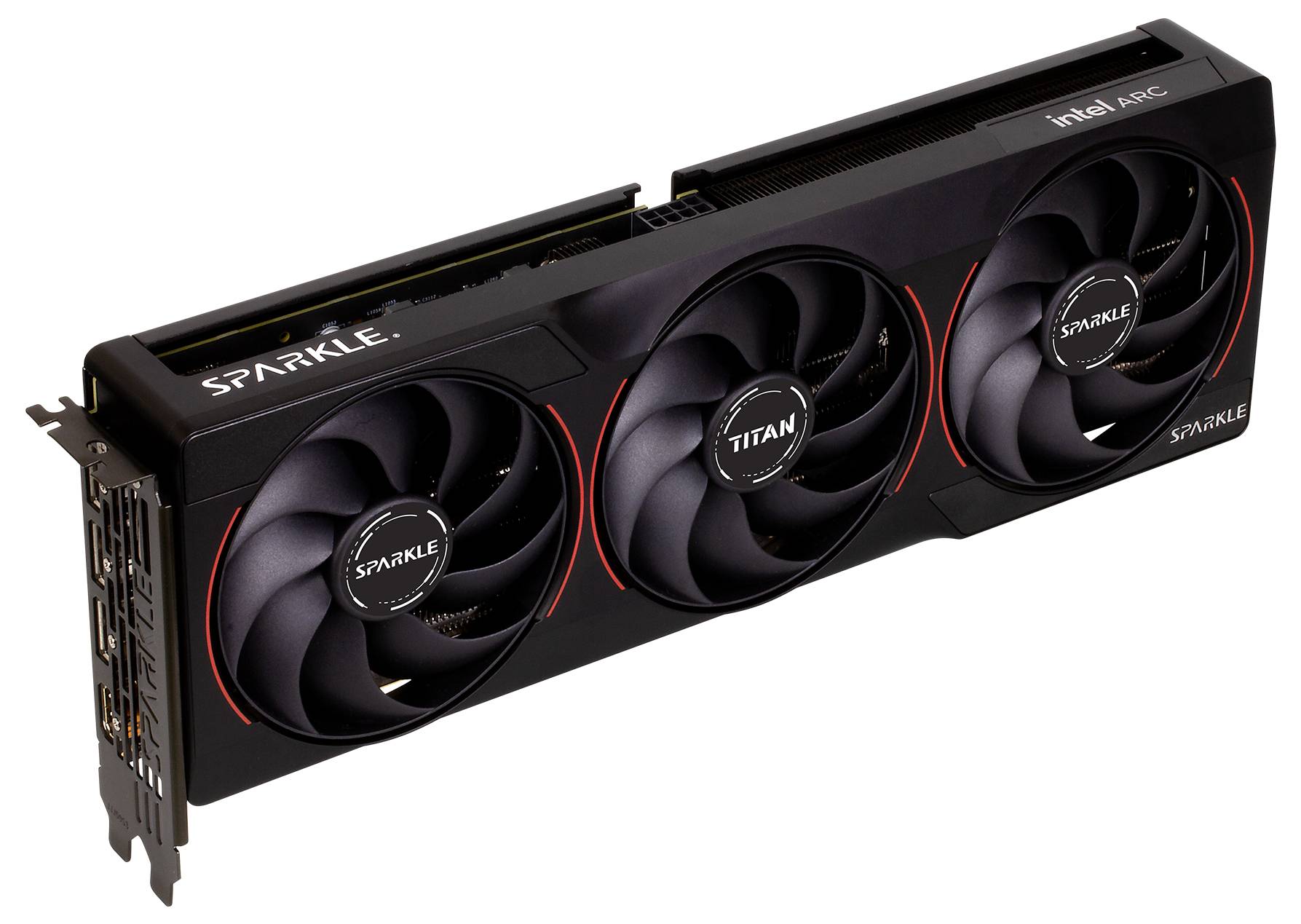 Eine Grafikkarte mit drei Lüftern, versehen mit der Markenbezeichnung 'Sparkle' und dem Etikett 'Intel ARC', diagonal positioniert.