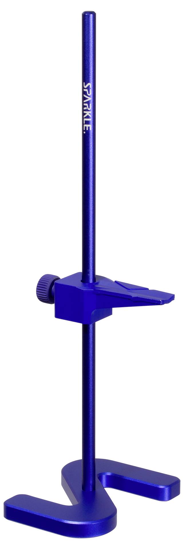 Ein blauer Laborständer, der zur Halterung von Ausrüstung verwendet wird und eine verstellbare Klemme an einer vertikalen Stange besitzt, die auf einer stabilen Basis befestigt ist.