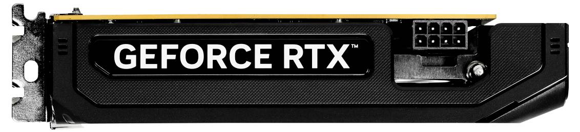 GeForce-RTX-Grafikkarte, schwarz mit sichtbarem Stromanschluss, von der Seite betrachtet.
