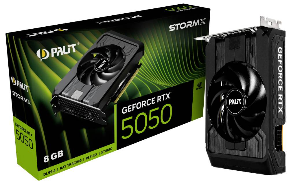 Eine Grafikkarte und ihre Verpackung mit dem 'Palit GeForce RTX 5050' mit 8 GB Arbeitsspeicher, wobei Funktionen wie DLSS 4 und Raytracing hervorgehoben werden.