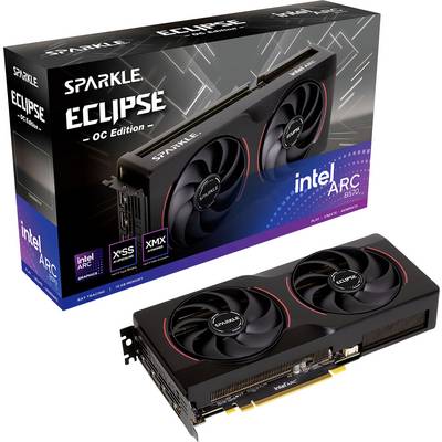 Verpackung der 'SPARKLE ECLIPSE OC Edition' Grafikkarte und die Grafikkarte selbst mit Doppellüftern, die die 'intel ARC' Markenkennung trägt.