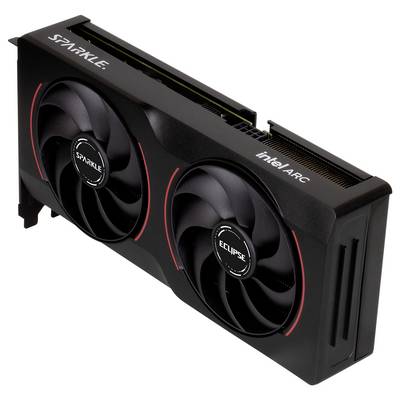 Eine schwarze Grafikkarte mit Doppellüftern und dem Text 'Sparkle' und 'Intel ARC' auf dem Gehäuse.