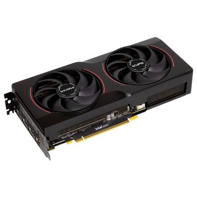 Eine schwarze Grafikkarte mit zwei großen Kühlventilatoren, beschriftet mit 'Sparkle' und 'Eclipse', mit Intel Arc Branding am PCIe-Anschluss.