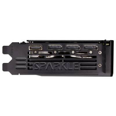 Grafikkarte Rückseite mit drei DisplayPort- und einem HDMI-Anschluss, mit der Beschriftung 'SPARKLE'. Geeignet für den Anschluss mehrerer Monitore.