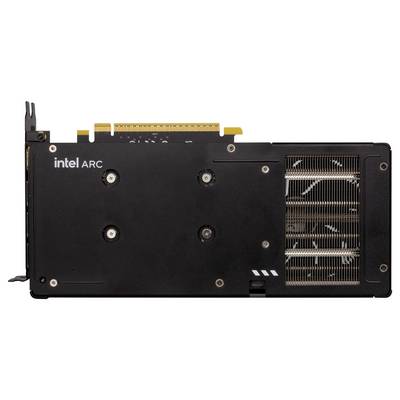 Rückansicht einer Intel ARC-Grafikkarte mit Kühlungsöffnungen und Markierung.