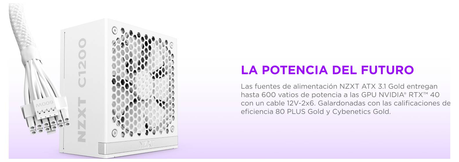 'NZXT C1200 Netzteil gezeigt mit dem Text 'Die Kraft der Zukunft'. Liefert 600 Watt für NVIDIA RTX Grafikkarte mit Effizienzwertungen.'
