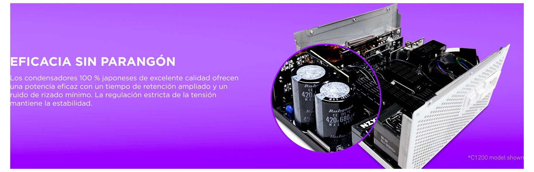 "Japanische Kondensatoren zu 100% bieten hervorragende Qualität mit langer Haltbarkeit und minimaler Welligkeit." Das Bild zeigt ein Netzteil mit sichtbaren Innenkomponenten.