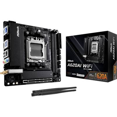 ASRock A620 AI WiFi Mainboard neben seiner Verkaufsverpackung, wobei Funktionen wie WLAN-Fähigkeit und Kompatibilität mit AMD Ryzen-Prozessoren hervorgehoben werden.