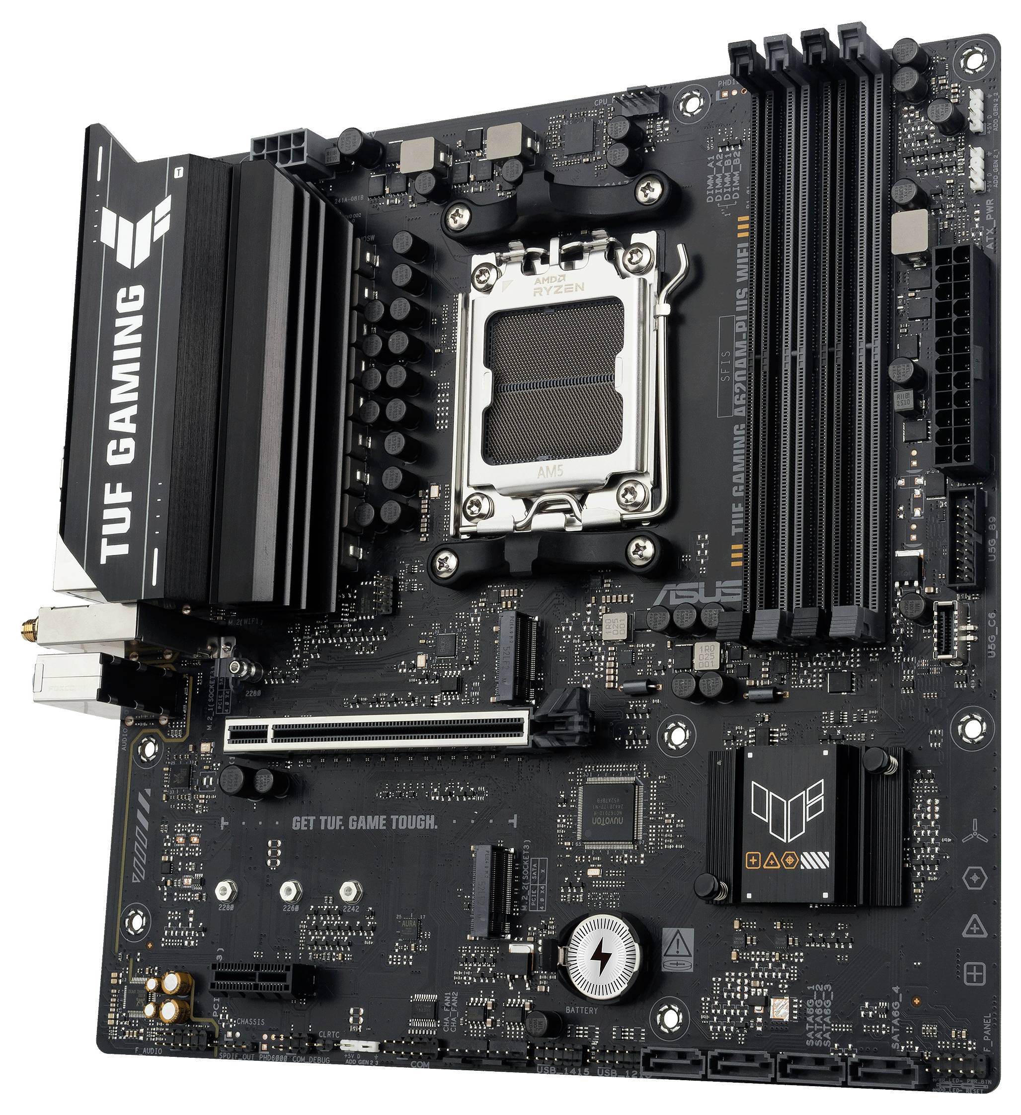 Eine schwarze ASUS TUF Gaming Mainboard mit zentralem CPU-Sockel, mehreren RAM-Steckplätzen und verschiedenen Anschlüssen und Anschlüssen für Computerkomponenten.