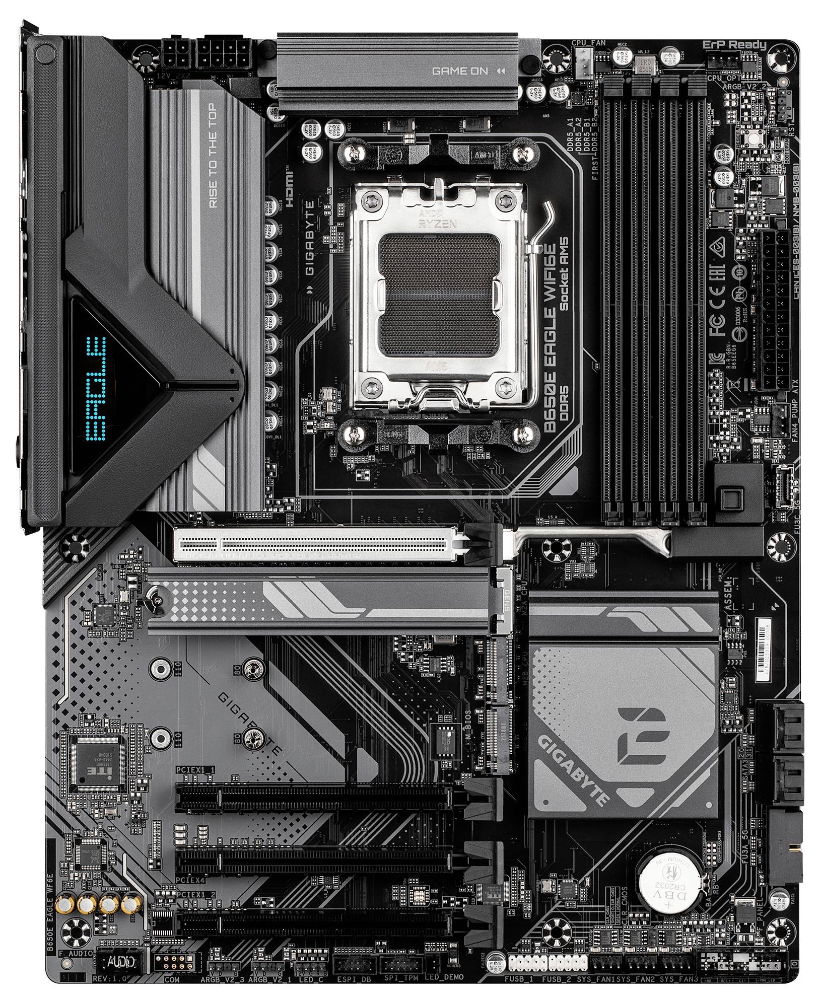 Gigabyte-Motherboard mit mehreren PCIe-Steckplätzen, RAM-Steckplätzen und verschiedenen Anschlüssen, mit EAGLE-Branding gekennzeichnet, entwickelt für fortschrittliche PC-Builds.