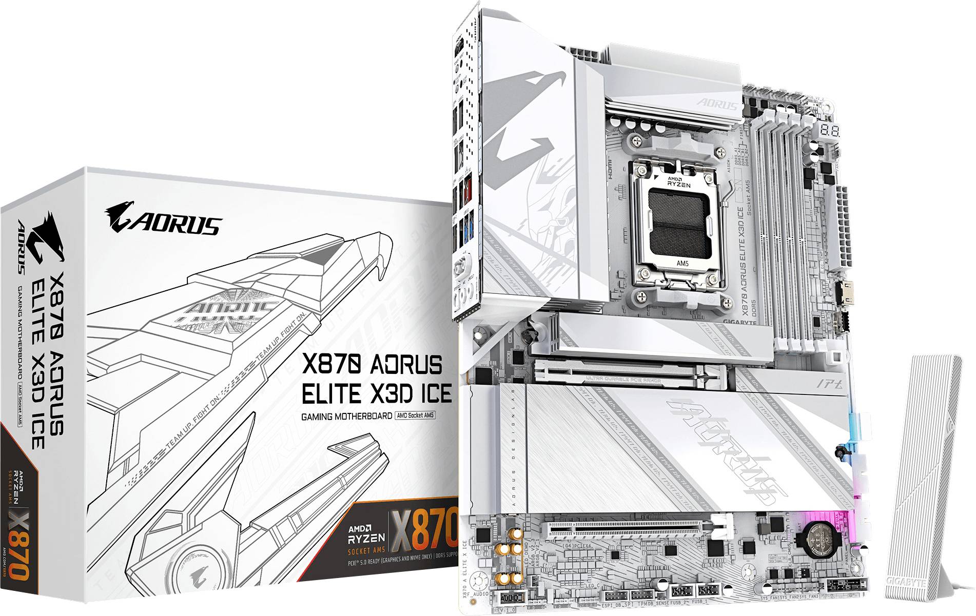 'AORUS X670E X3D ICE' Gaming-Mainboard mit silberner und weißer Designoptik, gezeigt mit seiner Verpackung. Geeignet für AMD Ryzen Serie.