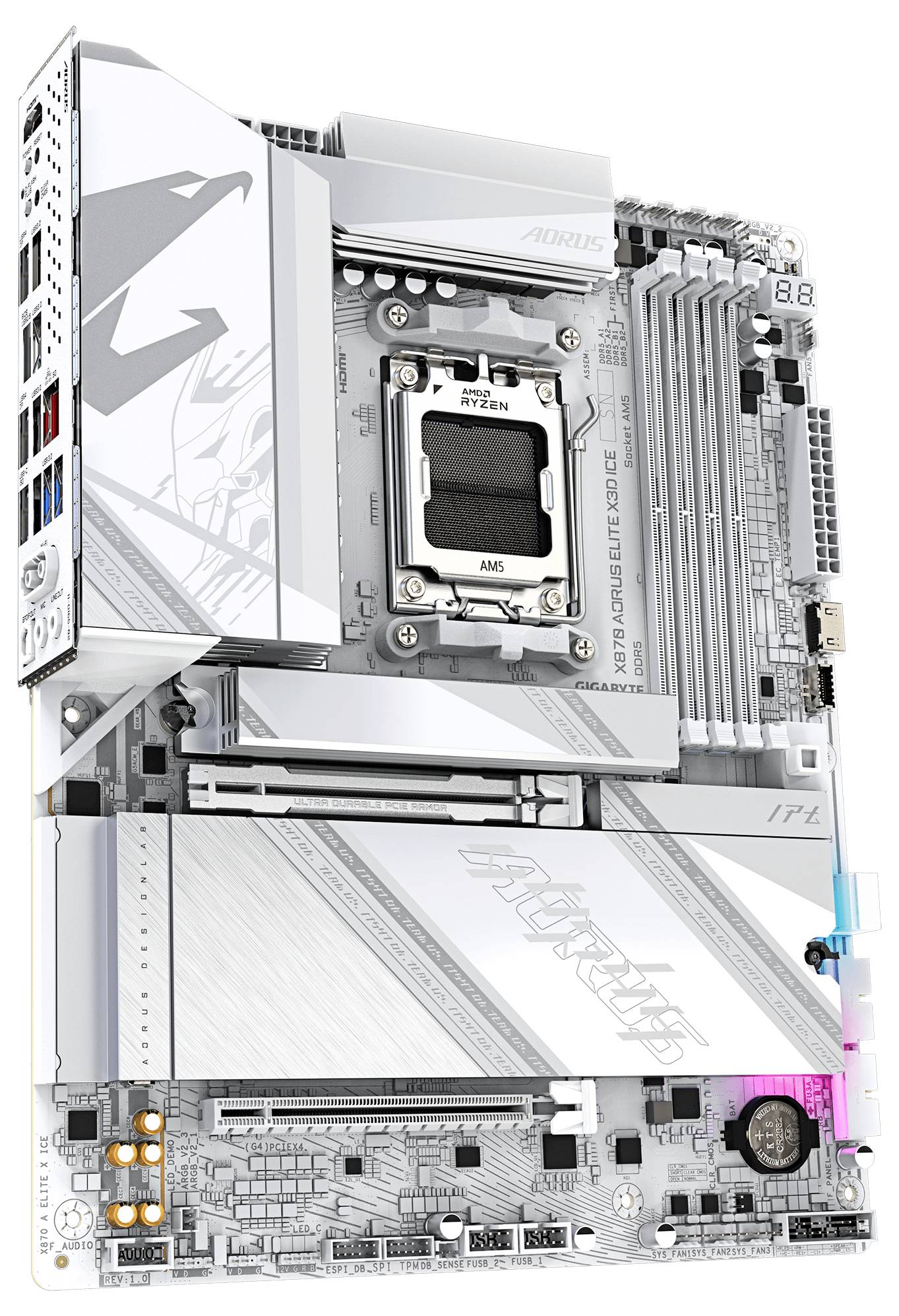 Eine silberne und graue Hauptplatine mit mehreren RAM-Steckplätzen, einem großen CPU-Sockel und einem stilisierten Markenlogo, die für High-Performance-Computing entwickelt wurde.