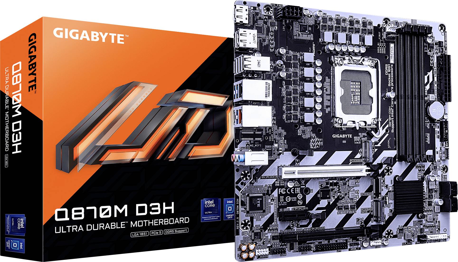 Eine GIGABYTE Q87M D3H Ultra Durable Motherboard-Verpackung neben dem eigentlichen Motherboard, wobei dessen Anschlüsse und Steckplatzfunktionen hervorgehoben werden.