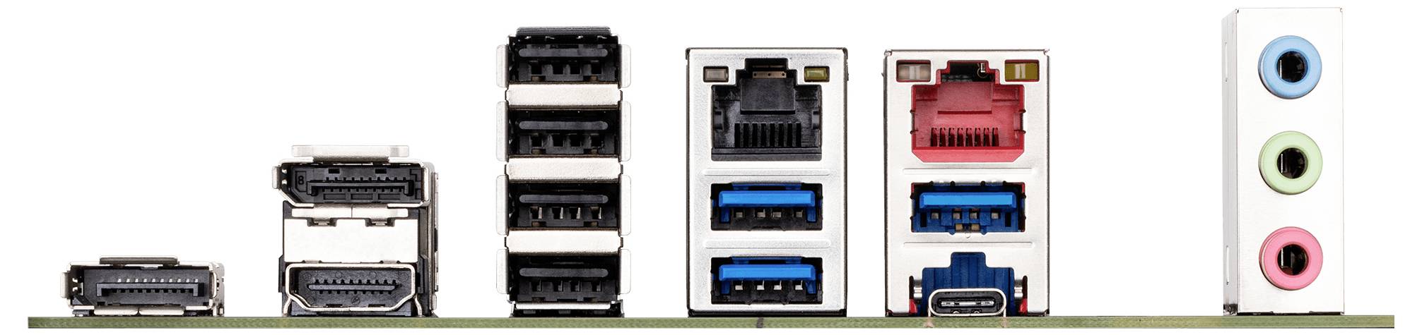 Computerplatinen-Anschlüsse: HDMI, DisplayPort, USB, Ethernet und Audioausgänge in einer Reihe angeordnet.