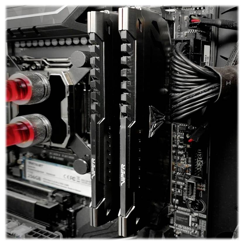Nahaufnahme eines Computermotherboards mit zwei schwarzen RAM-Sticks der Marke "VIPER", die installiert sind. Rote Kühlflüssigkeitsschläuche sind links sichtbar.