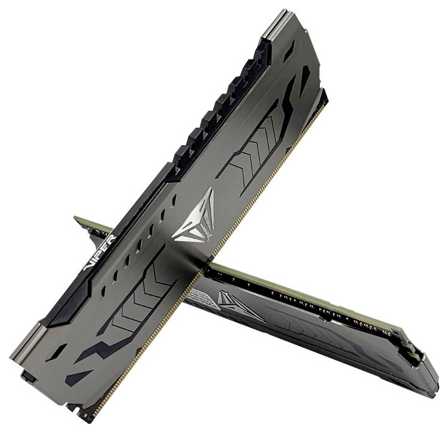 Zwei schwarze Viper RAM-Riegel in einer Kreuzform angeordnet, die ihr schlankes Design und das Viper-Logo präsentieren, vor einem weißen Hintergrund.