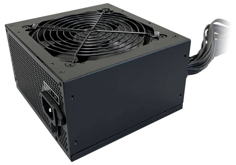 Eine schwarze Netzteileinheit für Computer mit einem auf der Oberseite montierten Lüfter und angeschlossenen Kabeln, ausgelegt zur Stromversorgung eines PC-Systems.