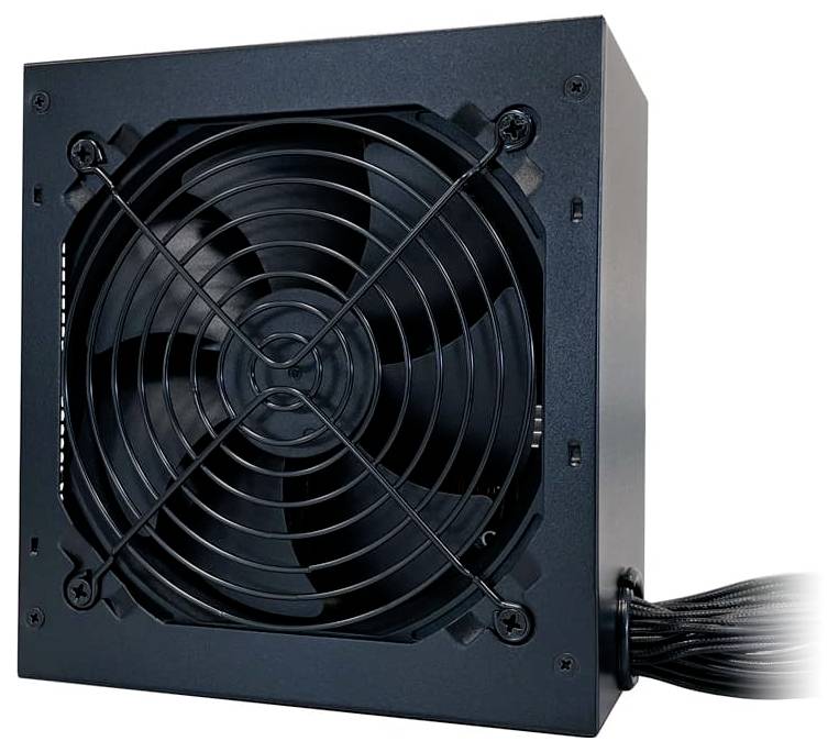 Eine schwarze Computernetzteileinheit mit sichtbarem Lüfter und Schutzgitter an der Seite. Kabel ragen von der rechten Seite heraus.