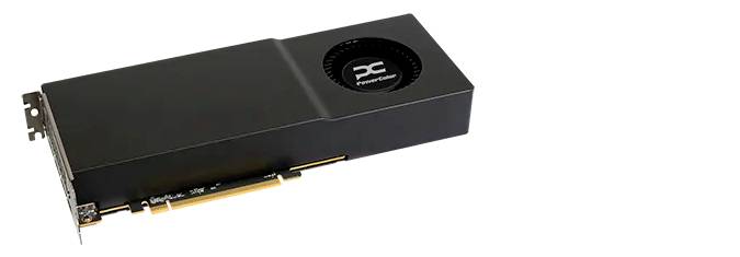 Eine schwarze Grafikkarte mit kompaktem Design und einem kreisförmigen Kühlventilator. Das Printed Circuit-Logo ist auf der Lüfterabdeckung sichtbar.