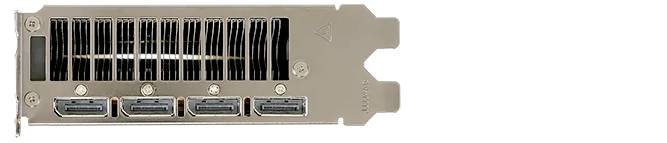 Ein Metallgrafikkarten-Panel mit vier Displayanschlüssen in einer Reihe.