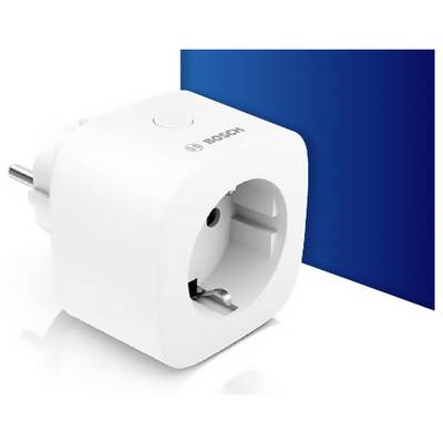 Ein weißer Smart-Stecker mit dem Bosch-Logo auf einem blau-weißen Hintergrund.