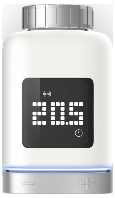 Eine digitale Pillendose, die '20.5' anzeigt, mit WLAN- und Uhrsymbolen, versehen mit '+' und '-' am unteren Rand, die intelligente Funktionen andeuten.