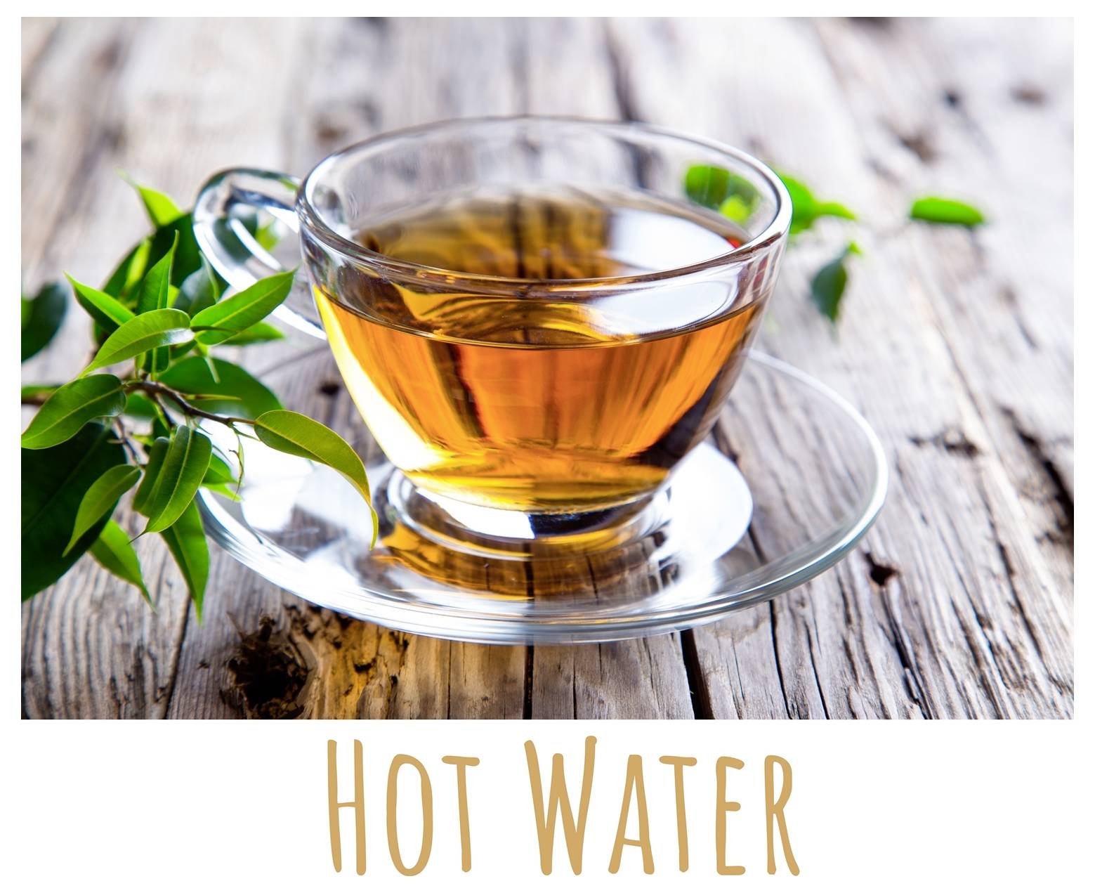 Eine Teetasse aus Glas mit bernsteinfarbener Teeflüssigkeit auf einem Holztisch, umgeben von grünen Blättern. Text darunter liest sich "Heißes Wasser".