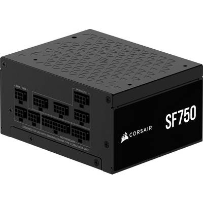 Ein kompaktes schwarzes Corsair SF750 Netzteil mit mehreren Anschlüssen, die als CPU, PCIe und SATA-Verbindungen gekennzeichnet sind.