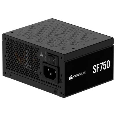 Corsair SF750 Netzteil, schwarz, kompaktes Design, ausgestattet mit einem Gittergehäuse und Lüftungslöchern zur Kühlung, mit der Aufschrift 'SF750' versehen.