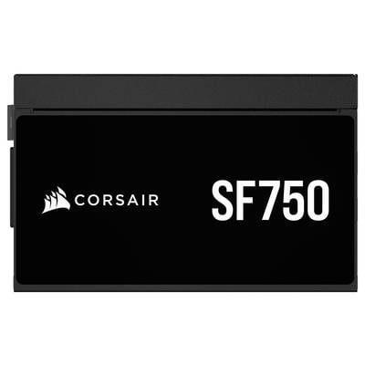 'Corsair SF750' auf schwarzem Hintergrund; repräsentiert Corsairs SF750-Netzteil, bekannt für kompakte Größe und hohe Effizienz.
