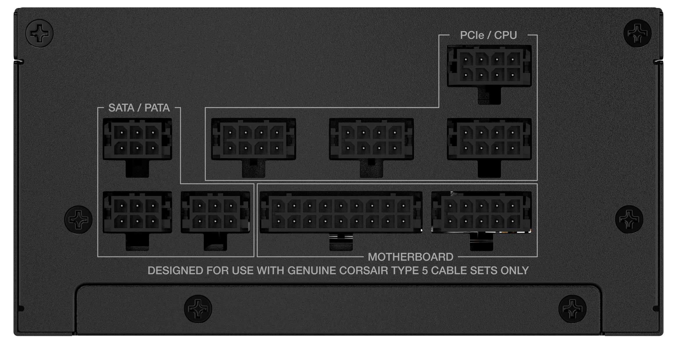 Das Bild zeigt die Rückseite eines Netzteils mit beschrifteten Anschlüssen für „PCIe/CPU", „SATA/PATA" und „Motherboard".