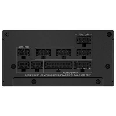 Das Bild zeigt die Rückseite eines Netzteils mit beschrifteten Anschlüssen für „PCIe/CPU", „SATA/PATA" und „Motherboard".