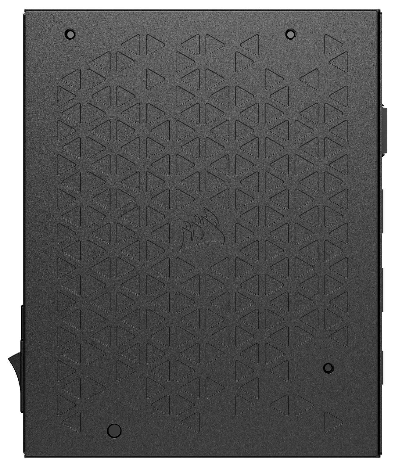 Ein schwarzes rechteckiges Festplattengehäuse mit einem Muster aus kleinen, dreieckigen Aussparungen und einem Logo in der Mitte.