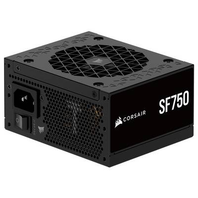 Ein Corsair SF750 Netzteil mit einem schwarzen rechteckigen Design, Lüftungslöchern und der Beschriftung SF750 zur Identifikation.