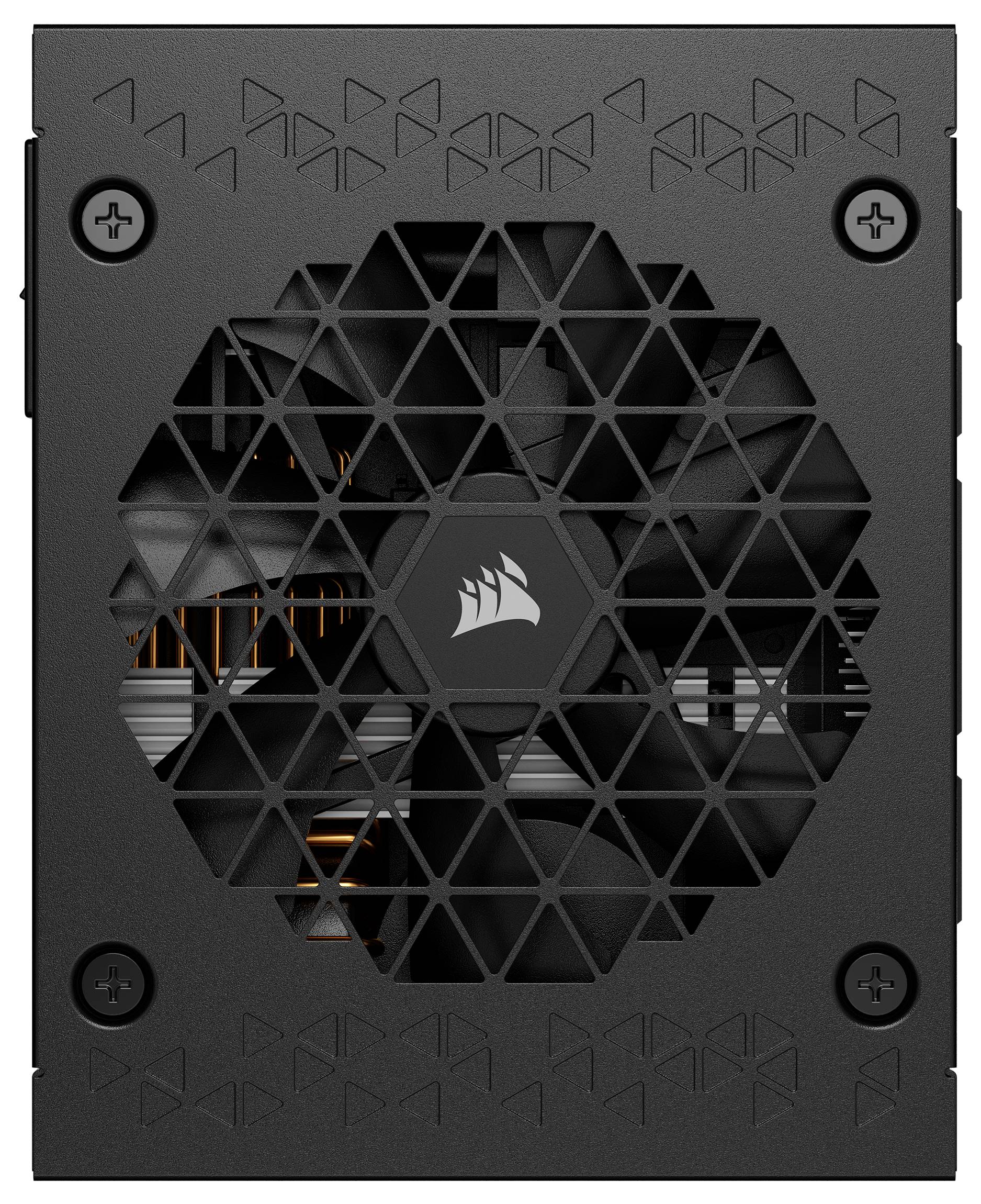 Eine schwarze Computer-Netzteileinheit mit geometrischem Lüftergitter und Logo in der Mitte. Innenkomponenten sind teilweise sichtbar.