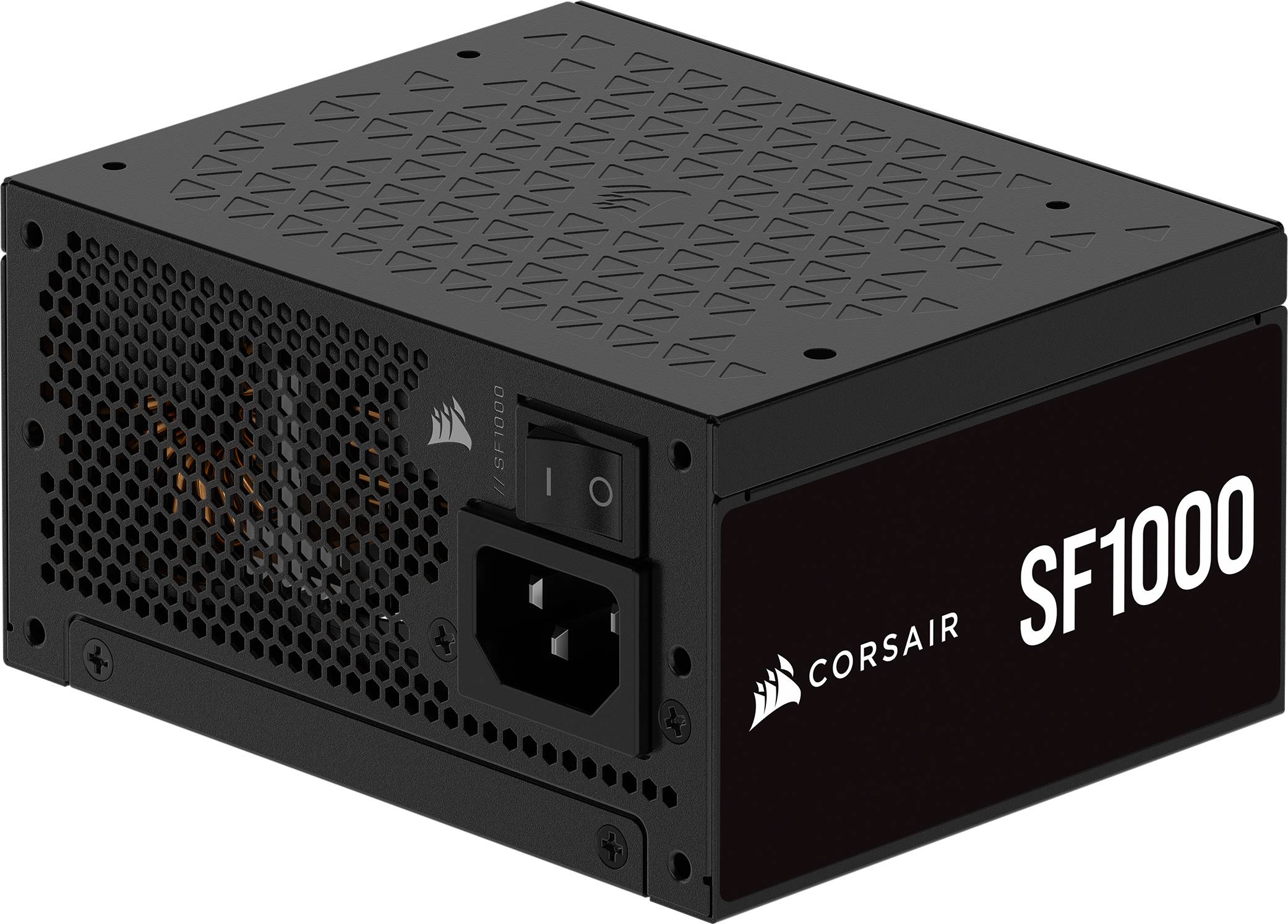 Corsair SF1000 Gaming-Netzteil in einem schwarzen, kompakten Design mit Lüftungsgitter und Netzschalter.