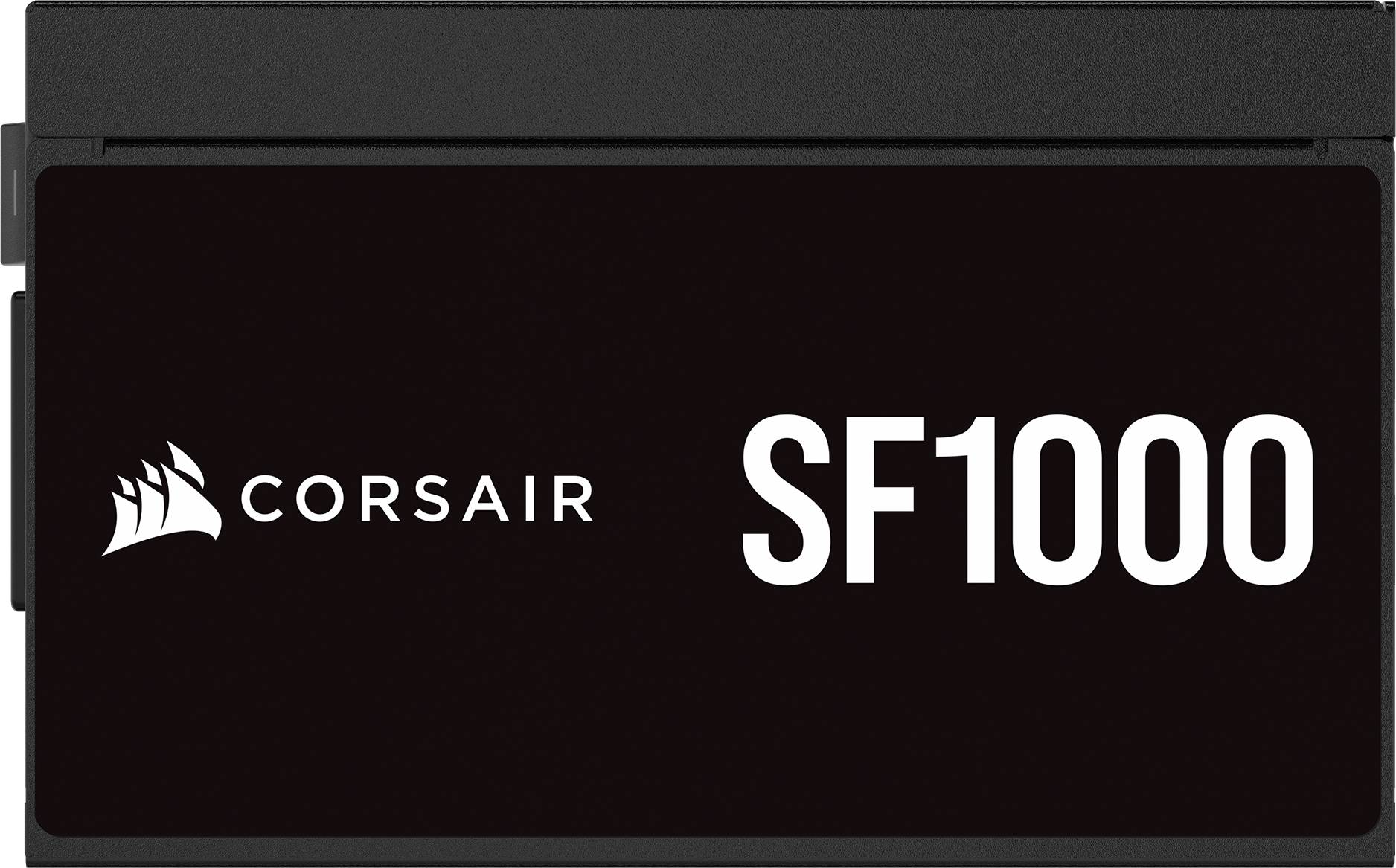 Corsair SF1000 Netzteil, schwarzes Gehäuse mit Corsair-Logo, geeignet für kompakte Builds, die bis zu 1000 Watt Leistung benötigen.