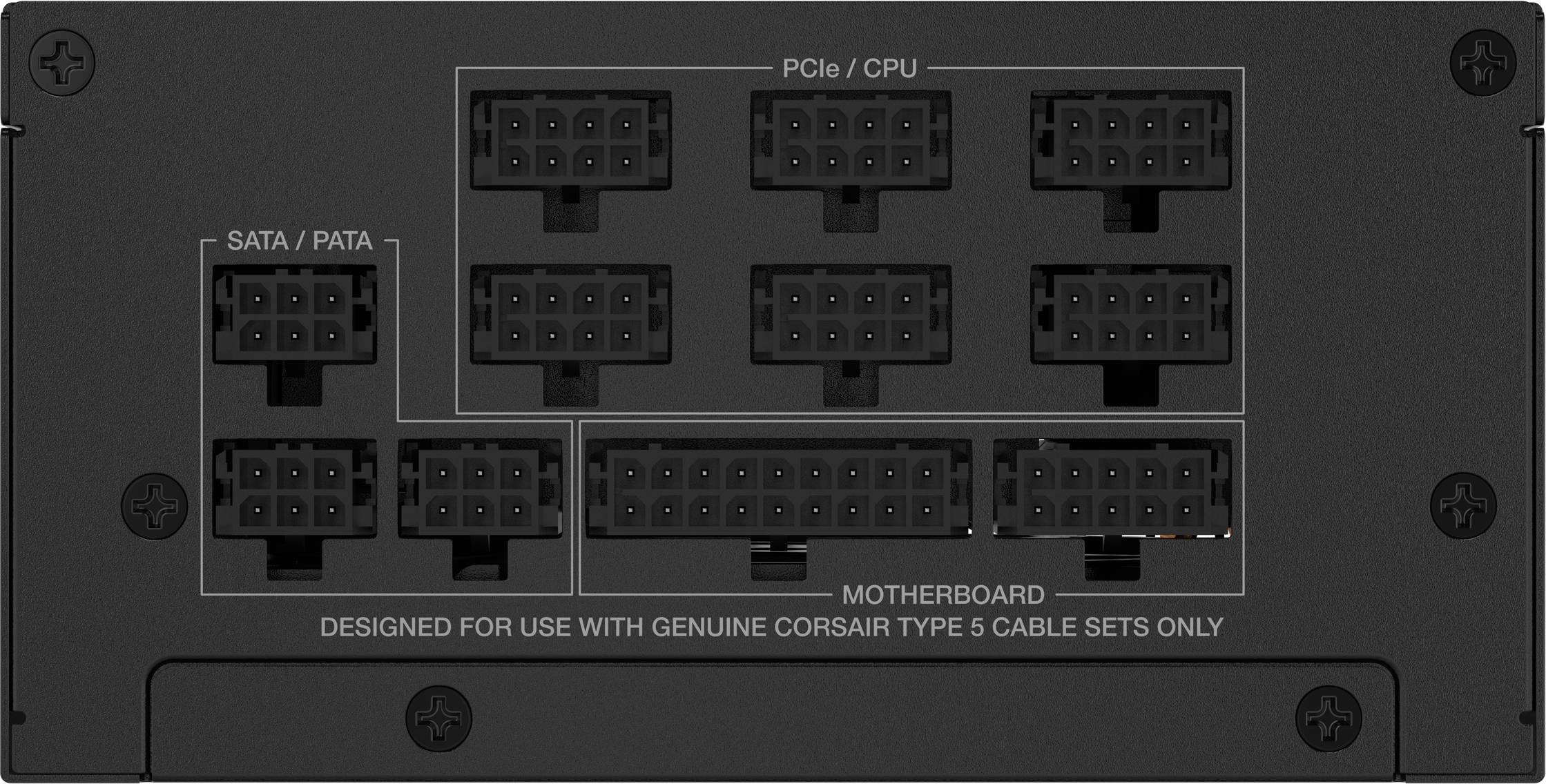 Netzteilrückseite mit mehreren Anschlussports, beschriftet für SATA/PATA, PCIe/CPU und Mainboard (Corsair Typ 5).